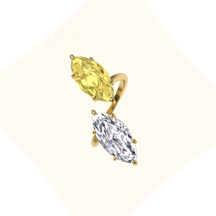 Fancy Yellow Marquise Cut Lab Grown Diamond Bypass Two Stone Engagement Ring yellow gold side view