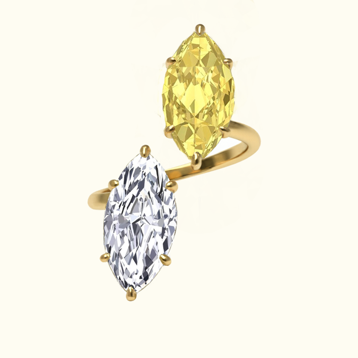 Fancy Yellow Marquise Cut Lab Grown Diamond Bypass Two Stone Engagement Ring yellow gold