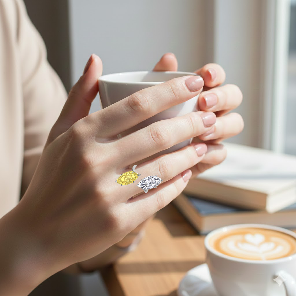 Fancy Yellow Marquise Cut Lab Grown Diamond Bypass Two Stone Engagement Ring lifestyle