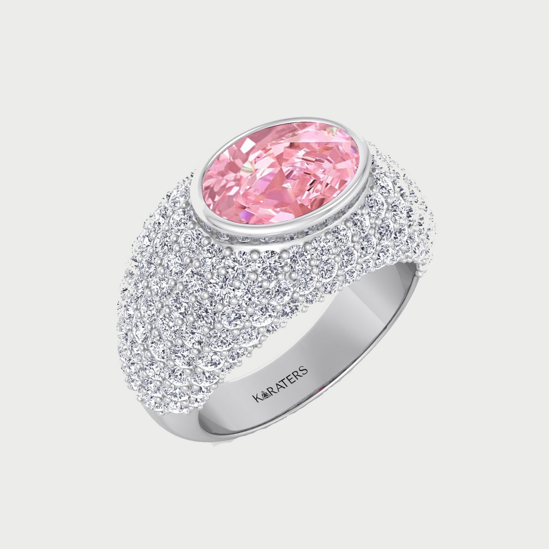 Fancy Pink Oval Shape Lab Grown  In Wide Pave Band Ring