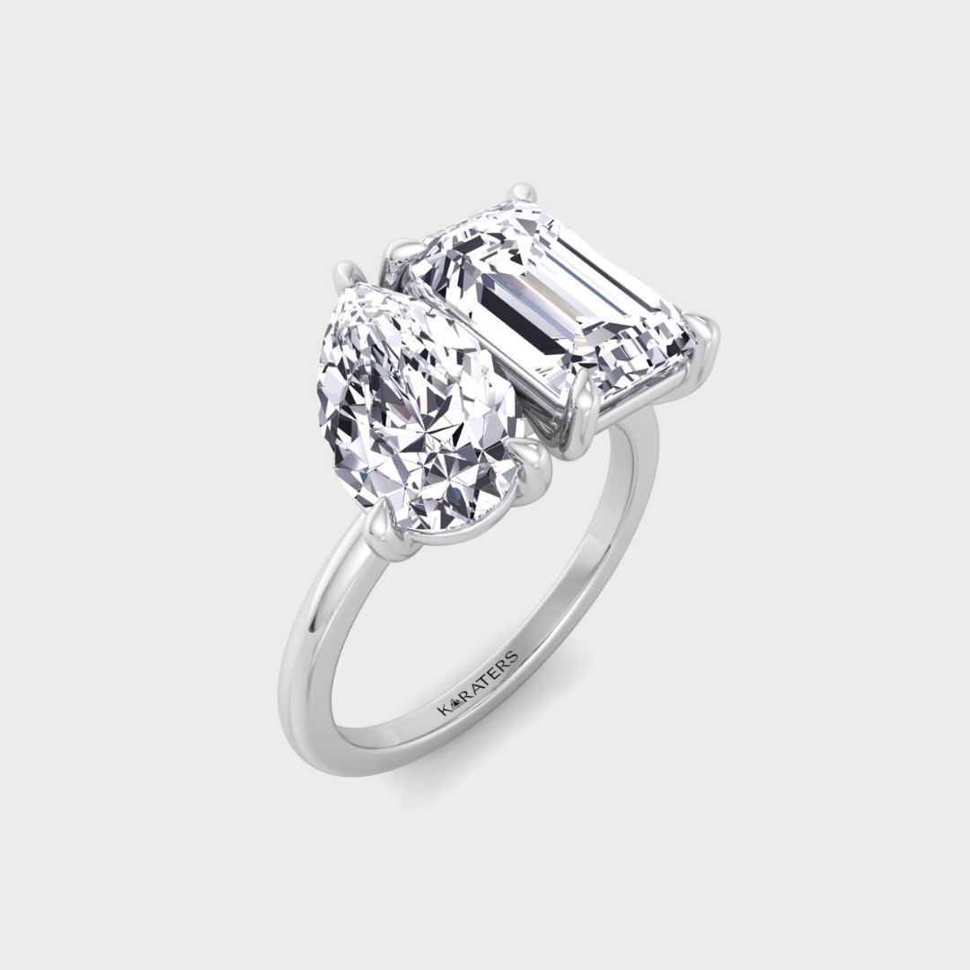 Emerald and Pear Shape Lab-Grown Diamond Toi Et Moi Ring Platinum
