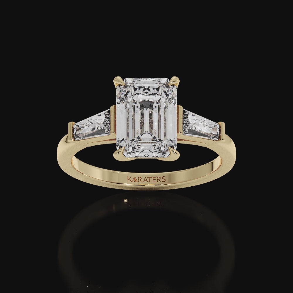 Emerald Cut Grown Diamond Solitaire Engagement Ring With Tapered Baguette Sidestones Yellow Gold Video