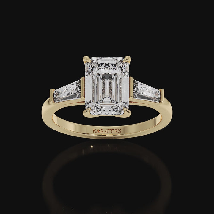 Emerald Cut Grown Diamond Solitaire Engagement Ring With Tapered Baguette Sidestones Yellow Gold Video