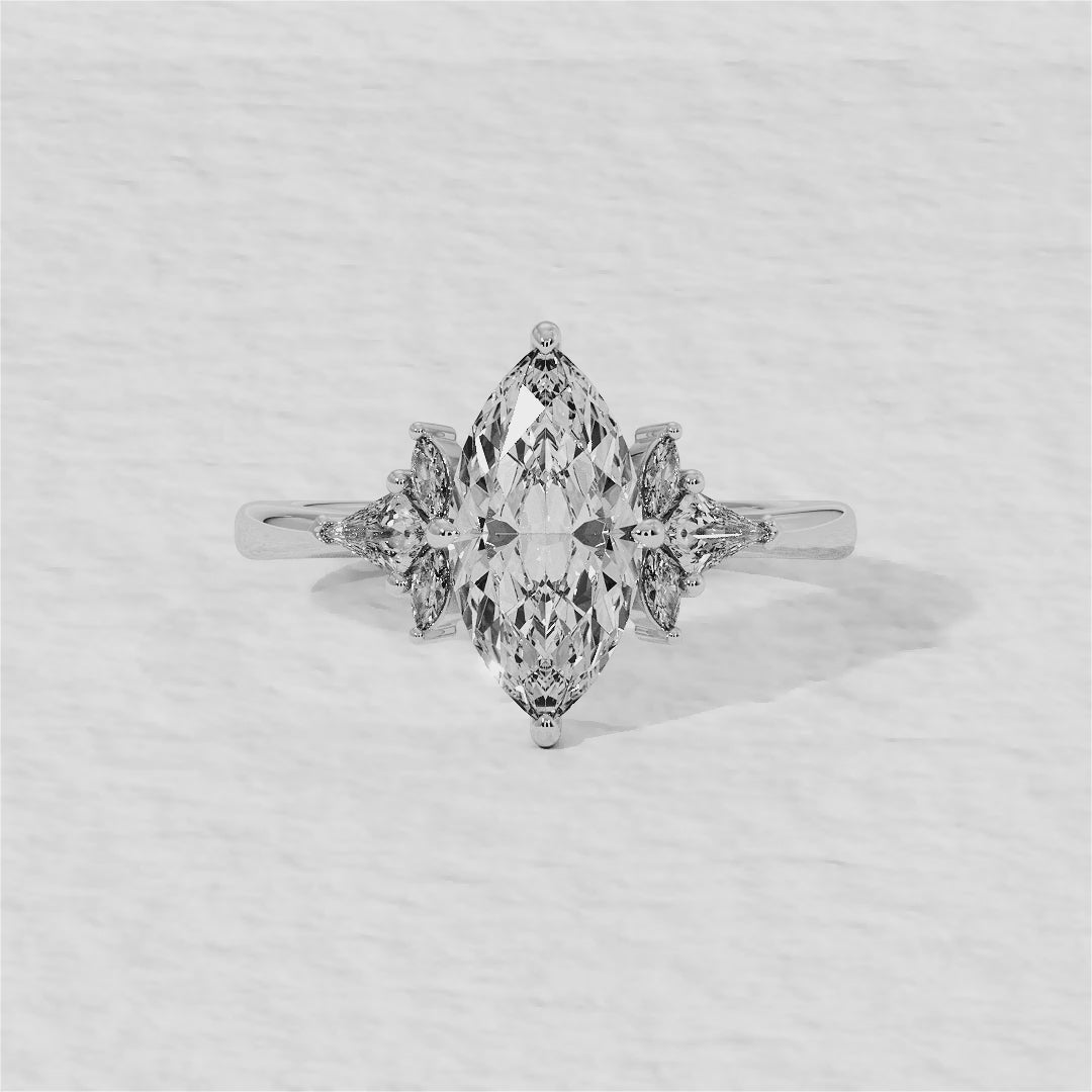 Helle - Marquise Shape Lab Grown Diamond Engagement Ring with Marquise and Pear Shape Sidestones