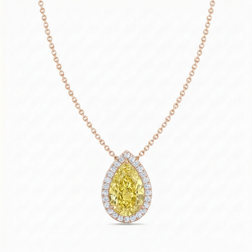 Fancy Yellow Pear Shape Halo Lab Grown Diamond Pendant Rose Gold 14K