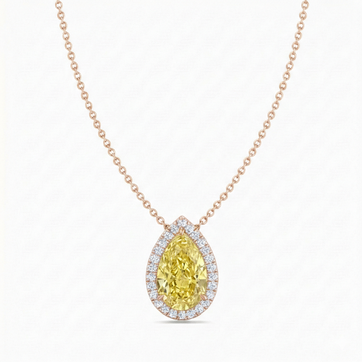 Fancy Yellow Pear Shape Halo Lab Grown Diamond Pendant Rose Gold 14K