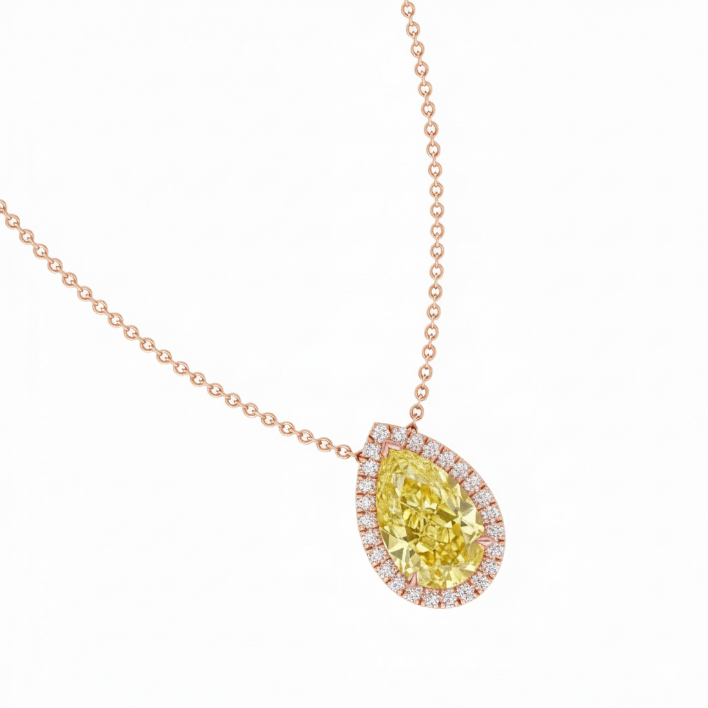 Fancy Yellow Pear Shape Halo Lab Grown Diamond Pendant Rose Gold 18K