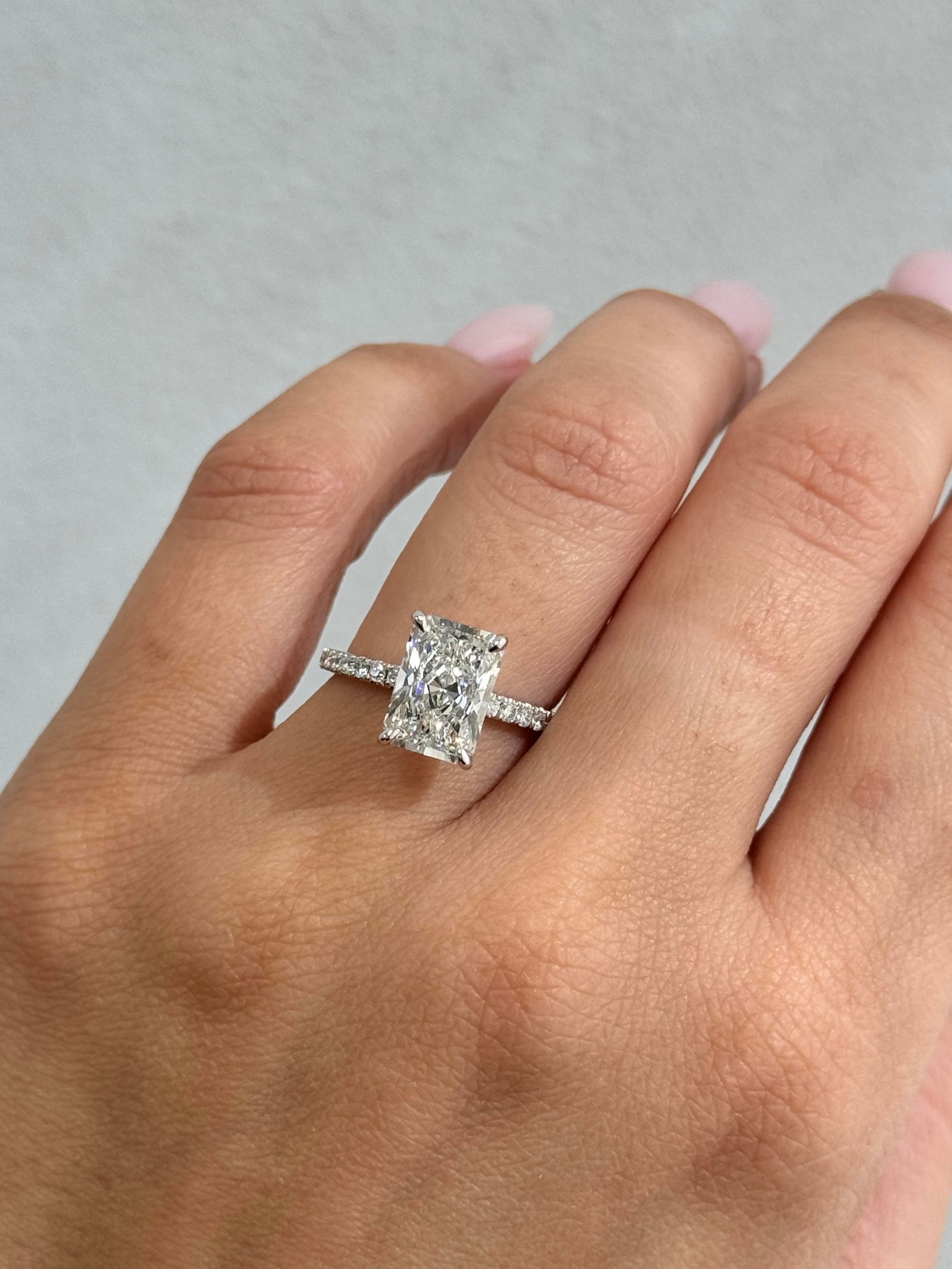 Radiant Cut Lab Grown Diamond Hidden Halo Engagement Ring with Pave Band