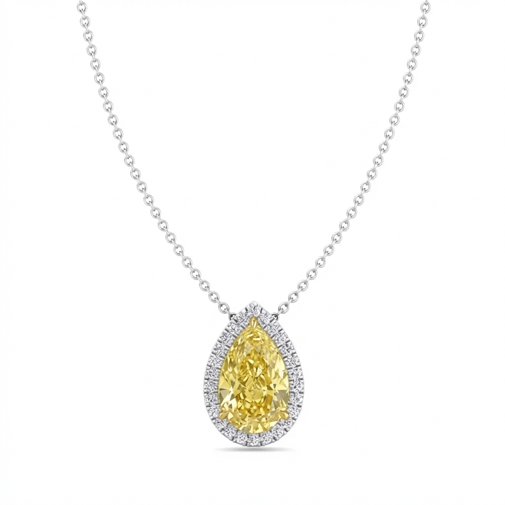 Fancy Yellow Pear Shape Halo Lab Grown Diamond Pendant White Gold 14K
