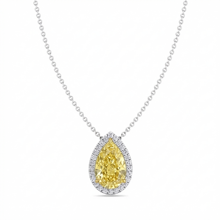 Fancy Yellow Pear Shape Halo Lab Grown Diamond Pendant White Gold 14K