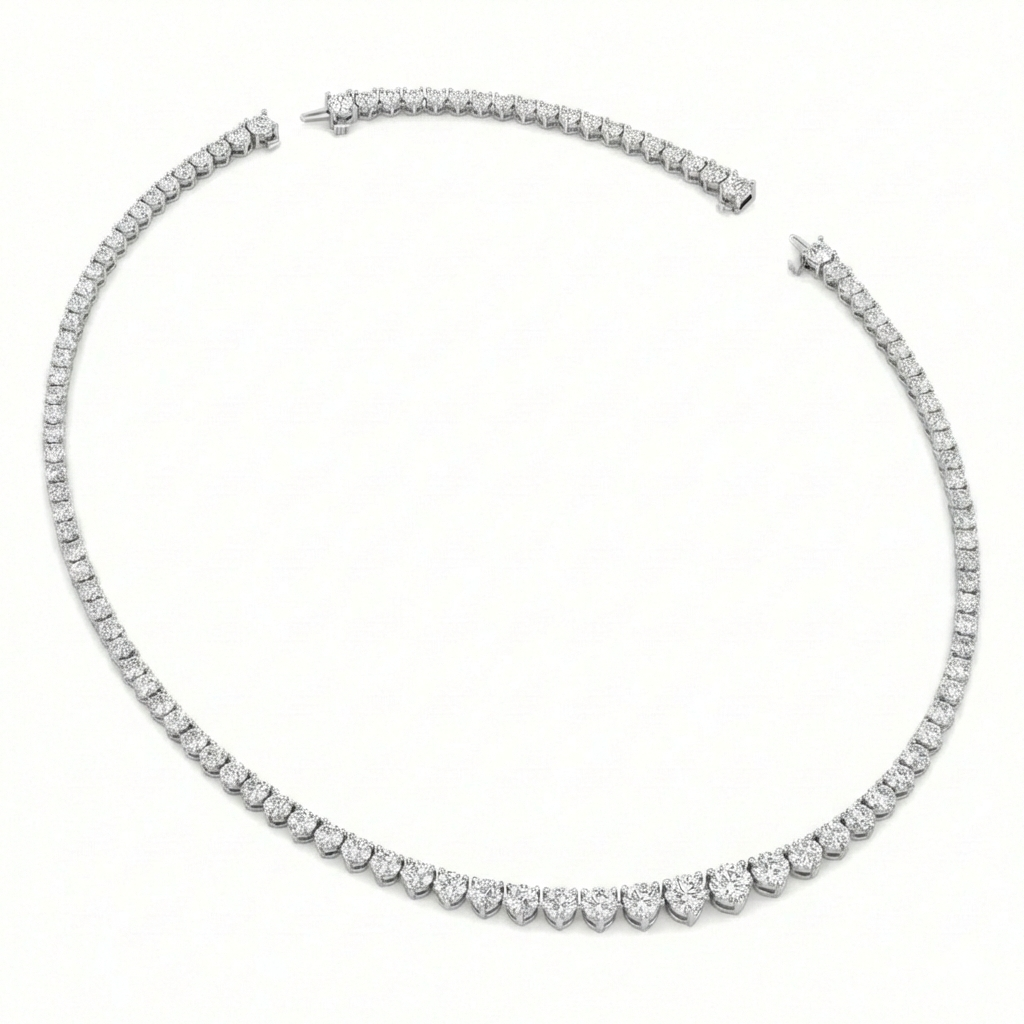 3-Prong Riviera Graduated Lab Grown Diamond Tennis Necklace with Extender  White Gold 18K