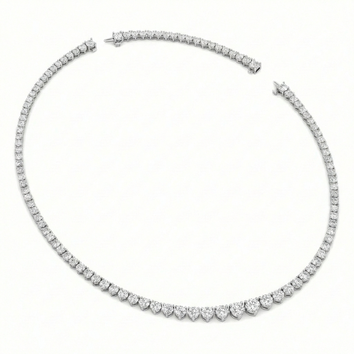 3-Prong Riviera Graduated Lab Grown Diamond Tennis Necklace with Extender  White Gold 18K