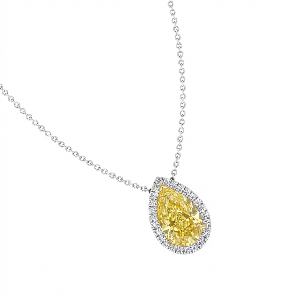 Fancy Yellow Pear Shape Halo Lab Grown Diamond Pendant White Gold 18K
