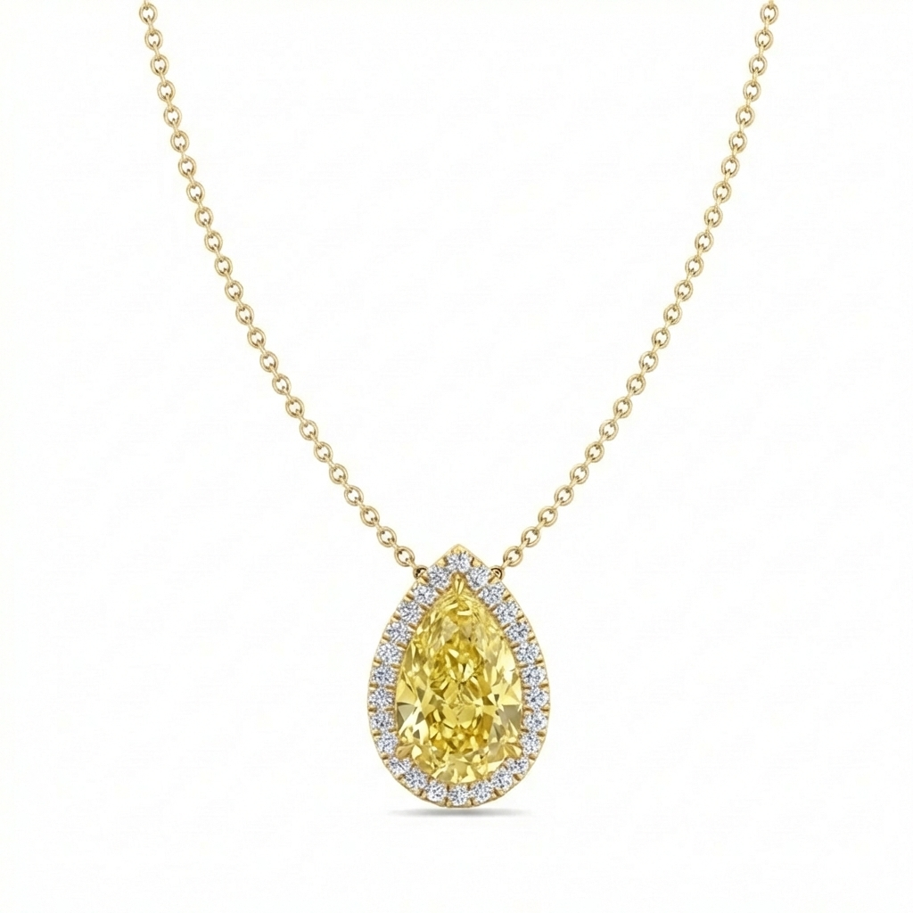 Fancy Yellow Pear Shape Halo Lab Grown Diamond Pendant Yellow Gold 14K