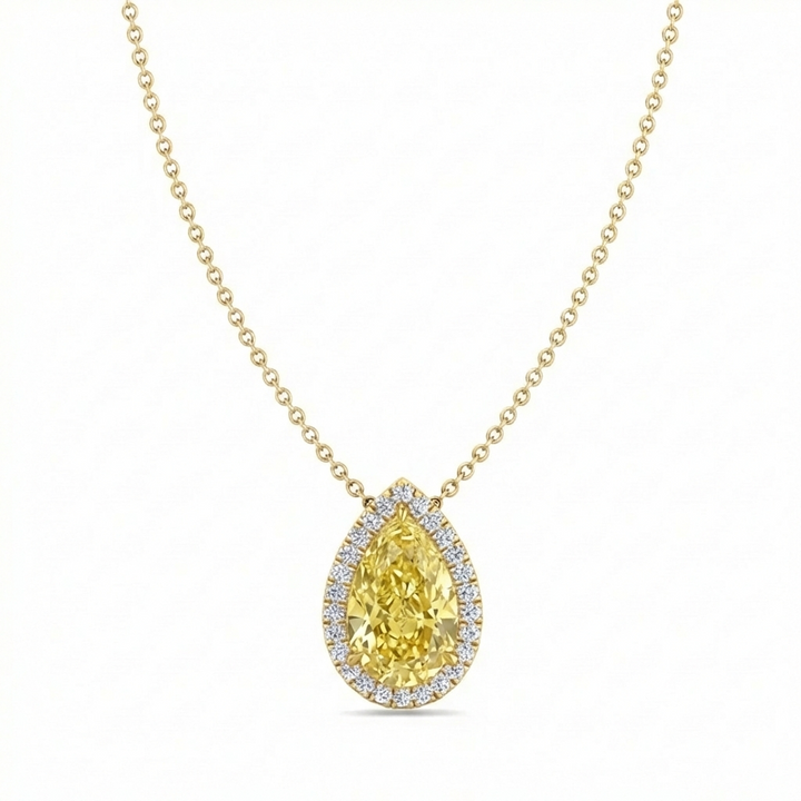 Fancy Yellow Pear Shape Halo Lab Grown Diamond Pendant Yellow Gold 14K