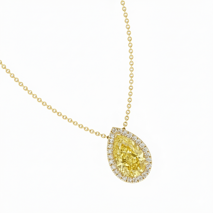 Fancy Yellow Pear Shape Halo Lab Grown Diamond Pendant Yellow Gold 18K