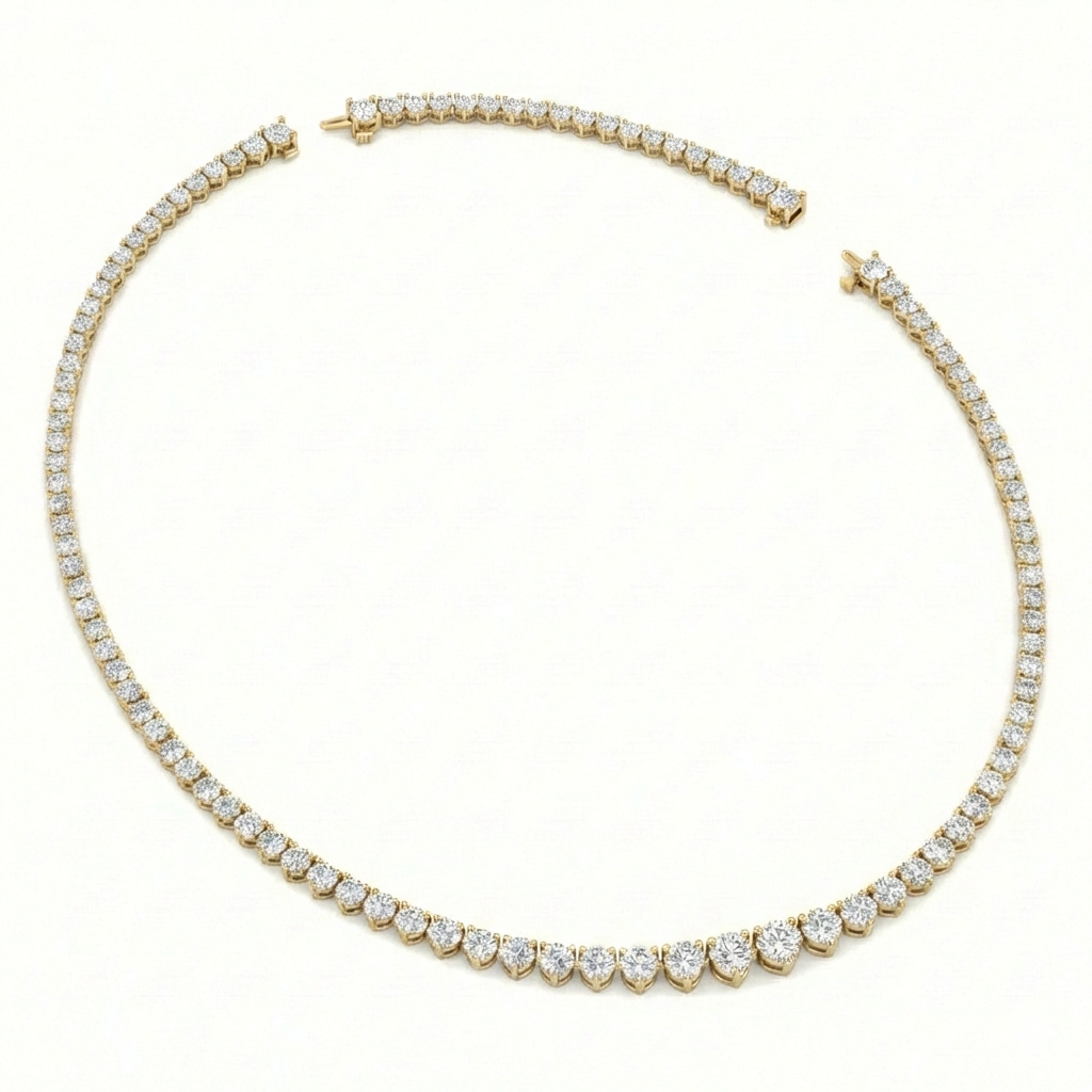 3-Prong Riviera Graduated Lab Grown Diamond Tennis Necklace with Extender Yellow Gold 18K