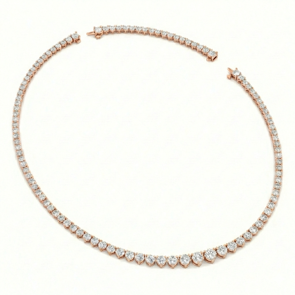 3-Prong Riviera Graduated Lab Grown Diamond Tennis Necklace with Extender Rose Gold 18K