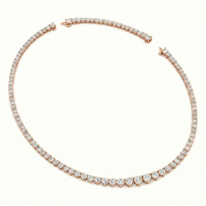 3-Prong Riviera Graduated Lab Grown Diamond Tennis Necklace with Extender Rose Gold 18K