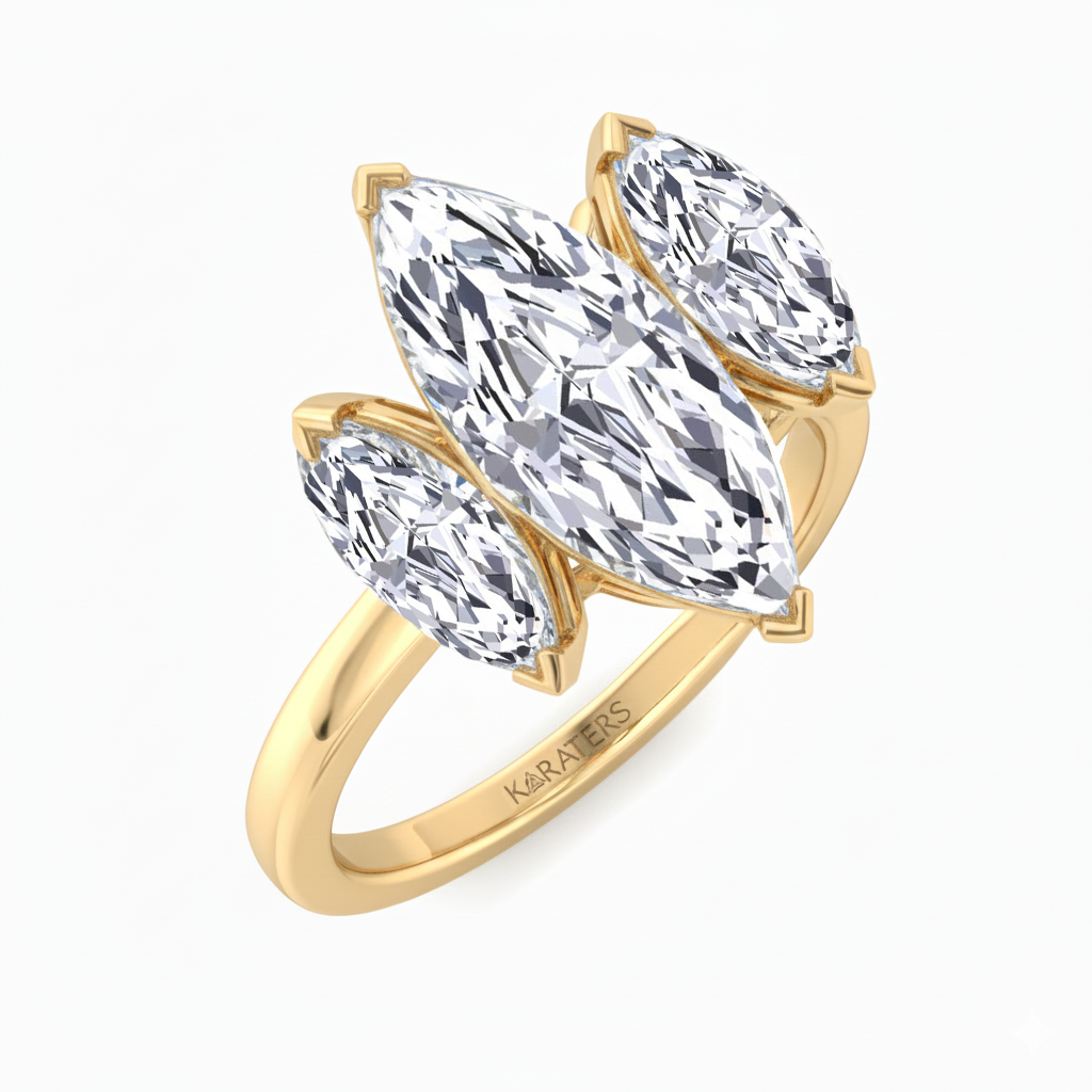 Marquise Cut Three Stone Lab Grown Diamond Engagement Ring side view yellow gold