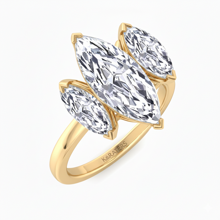 Marquise Cut Three Stone Lab Grown Diamond Engagement Ring side view yellow gold