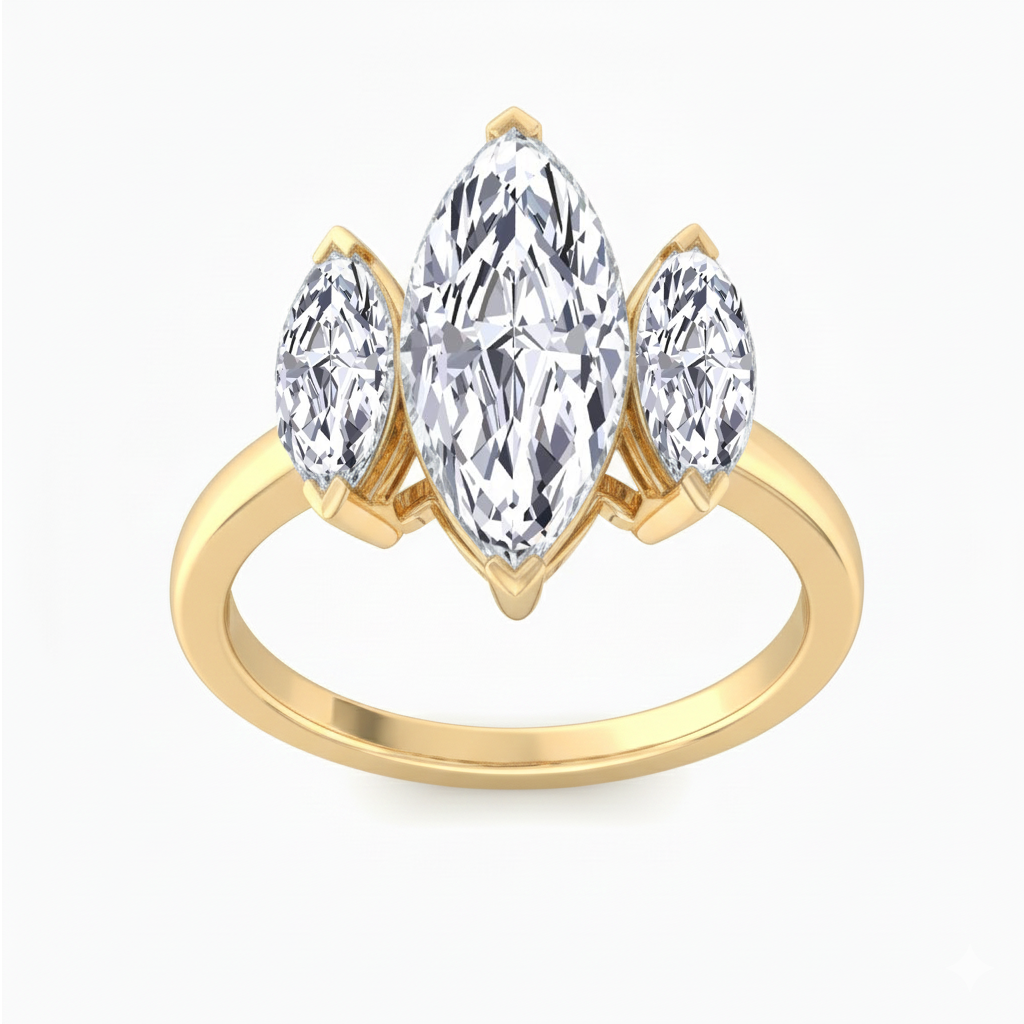 Marquise Cut Three Stone Lab Grown Diamond Engagement Ring Top view yellow gold