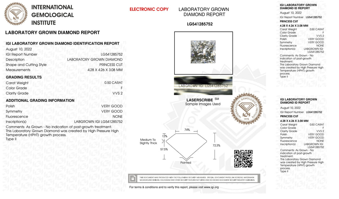 0.50 CT Princess Cut Certified Lab-Grown Diamond F, VVS2