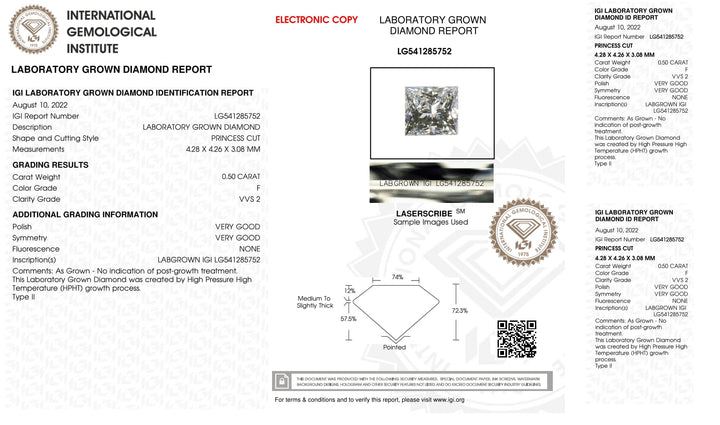 0.50 CT Princess Cut Certified Lab-Grown Diamond F, VVS2