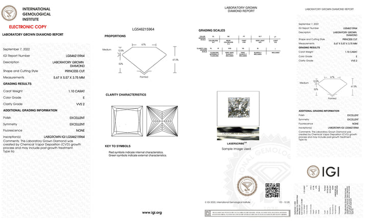 1.10 CT Princess Cut Certified Lab-Grown Diamond E, VVS2