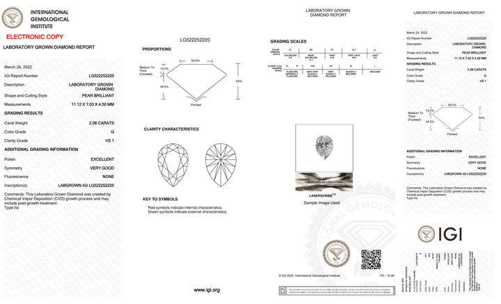 2.08 CT Pear Shape Certified Lab-Grown Diamond G, VS1