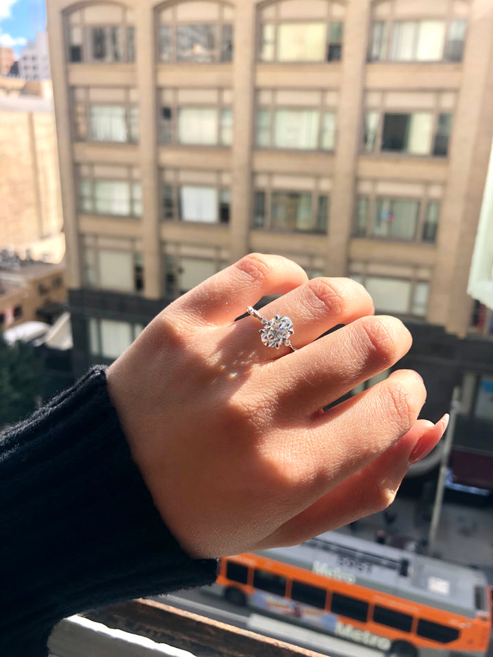 2ct oval solitaire lab diamond ring thin sidestone band 14k white gold