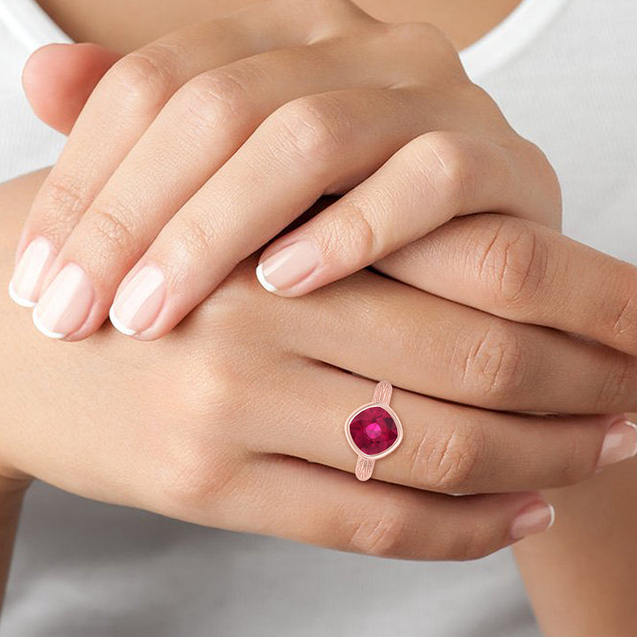 Amalfi-Cushion Cut  Lab Ruby Rose Gold Engagement Ring, Femal Hand