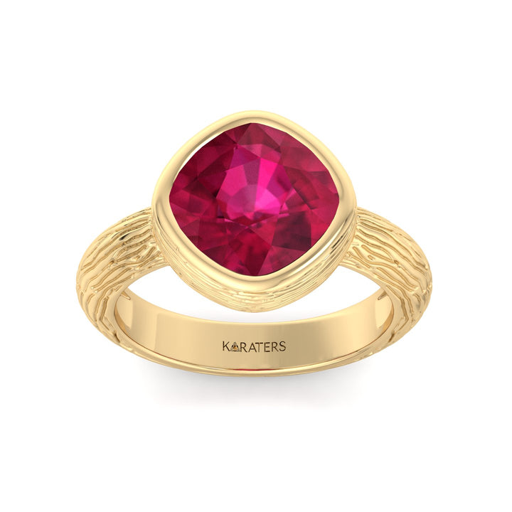 Amalfi-Cushion Cut Solitaire Lab Grown Ruby Ring Yellow, Front Top Down