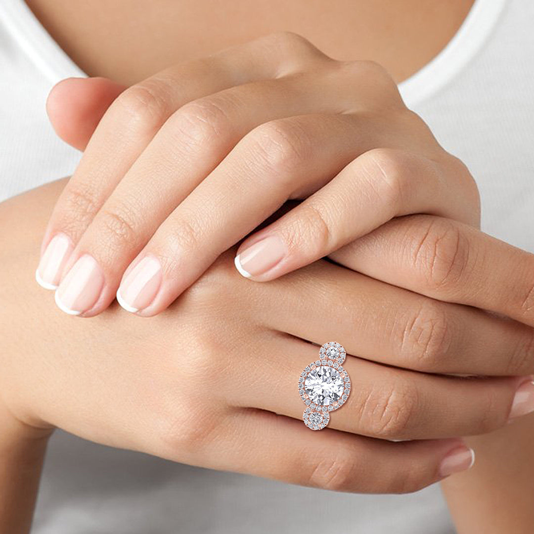 Assen-Round Triple Halo Lab Diamond Ring, Rose Gold, Female Hand