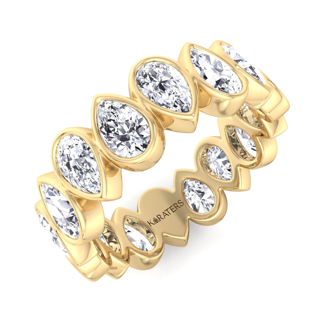 Bedford-Bezel Set Pear Lab Yellow Gold Diamond Eternity Band, Tilted