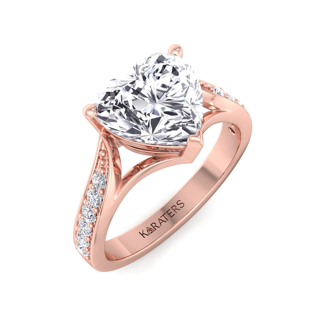 Begonia -  Heart Lab Diamond Ring Detailed Band Rose