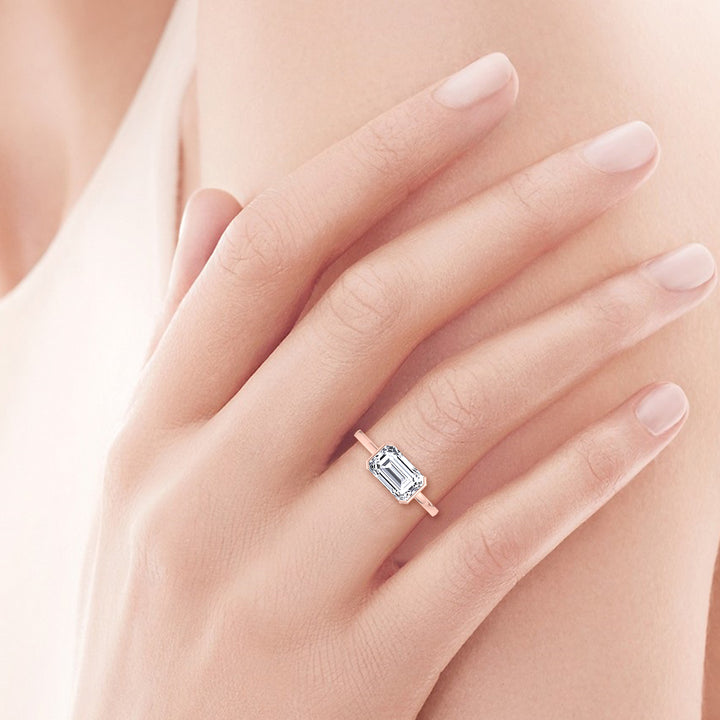 Bezel East West Emerald Solitaire Lab Diamond Engagement Ring Rose