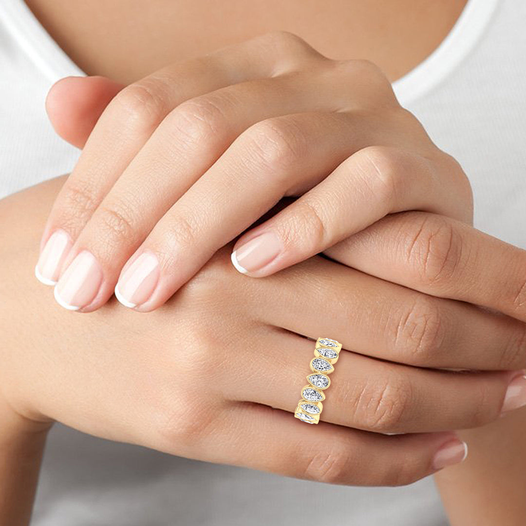 Bezel Set Pear Lab Yellow Gold Diamond Eternity Band, Female Hand