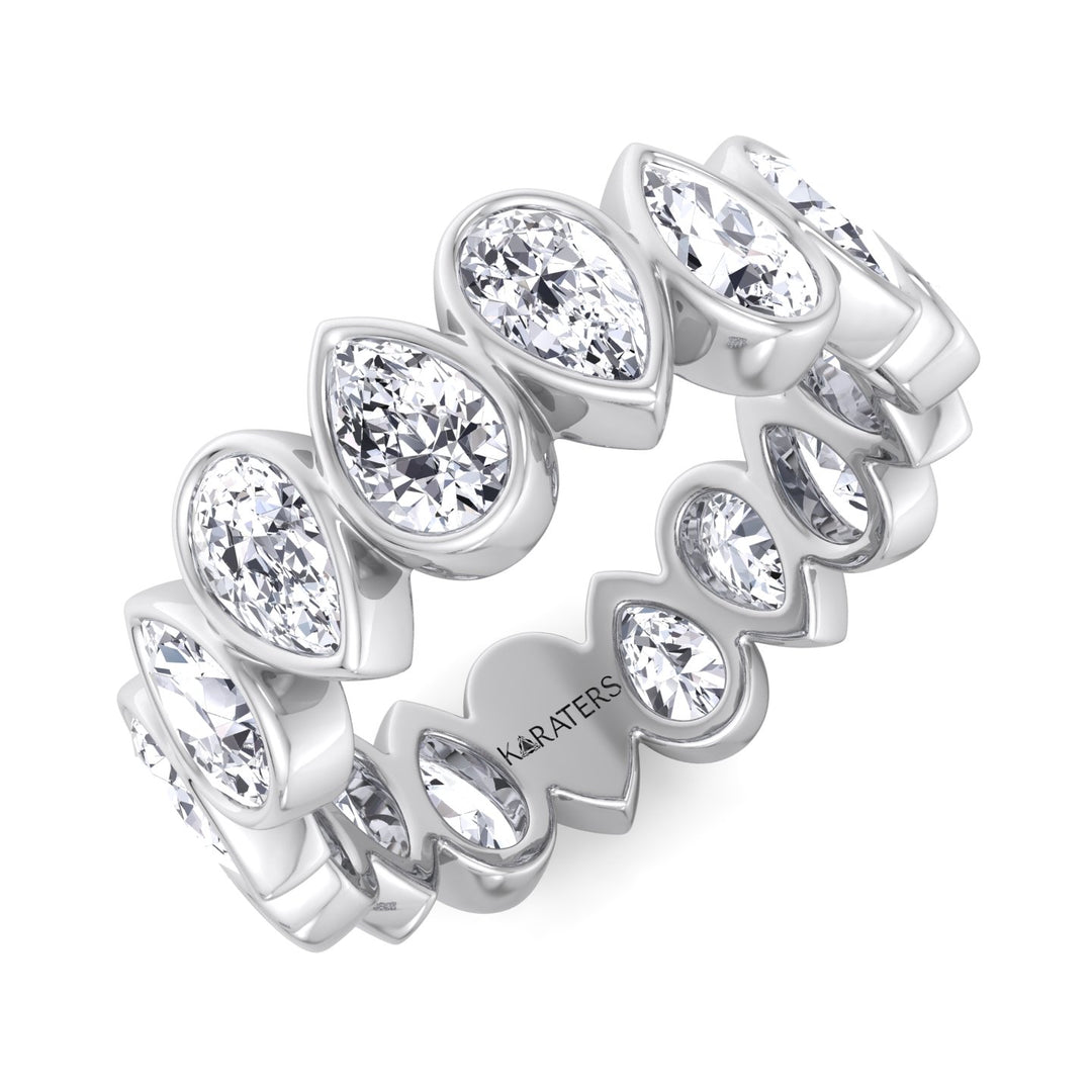 Bezel Set Pear Shape Lab Diamond White Eternity Band, Tilted 