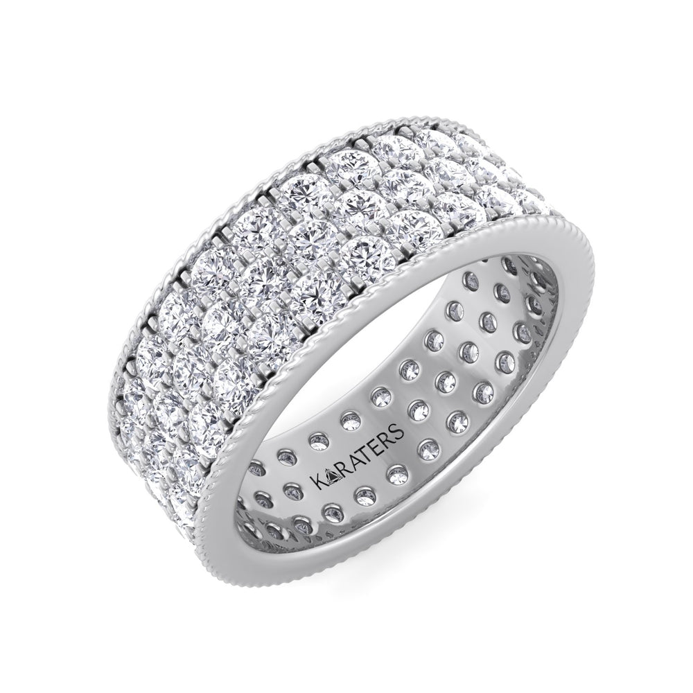 Bilancia-3 Row Pave Round Cut Lab White Gold Diamond Eternity Band, Tilted