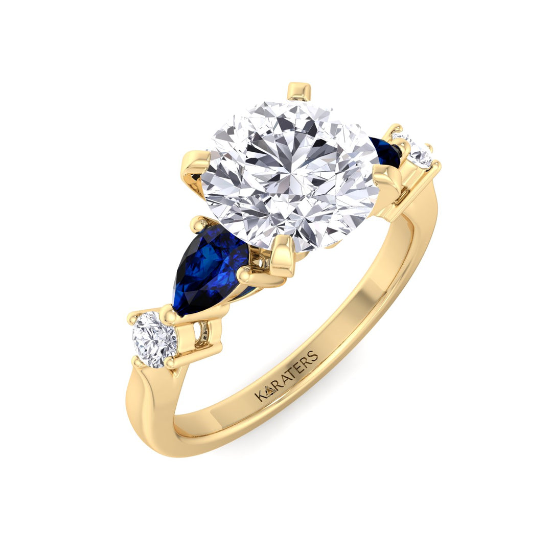 Cerulea - Round Cut Lab-Grown Diamond Engagement Ring with Sapphire Sidestones, Yellow Gold, Front