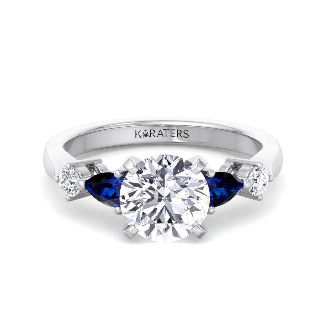 Cerulea - Round Cut Lab-Grown Diamond Ring with Blue Sapphire Sidestones, White Gold, Front