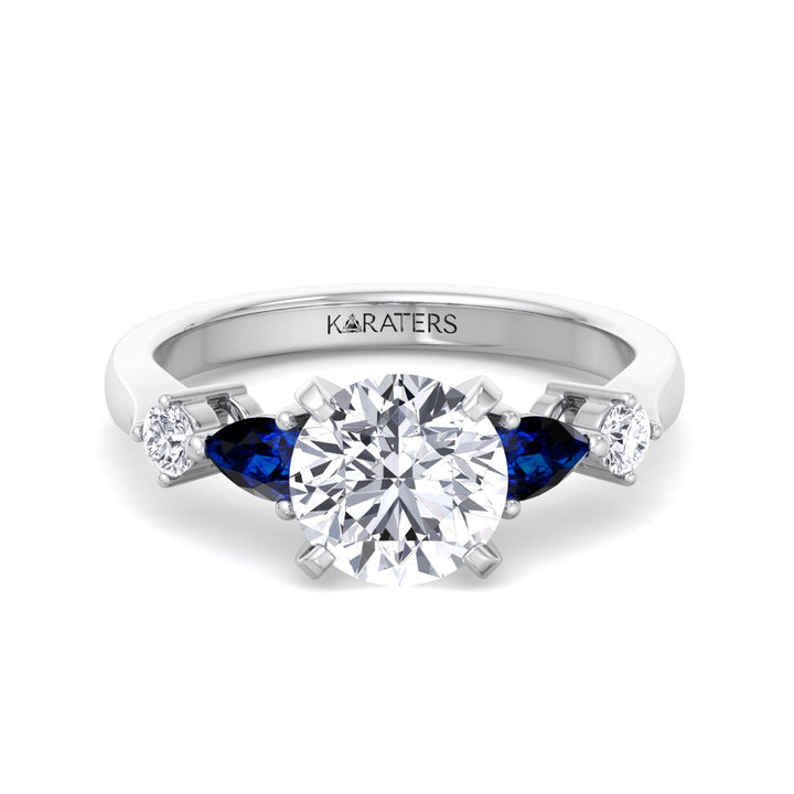 Cerulea - Round Cut Lab-Grown Diamond Ring with Blue Sapphire Sidestones, White Gold, Front