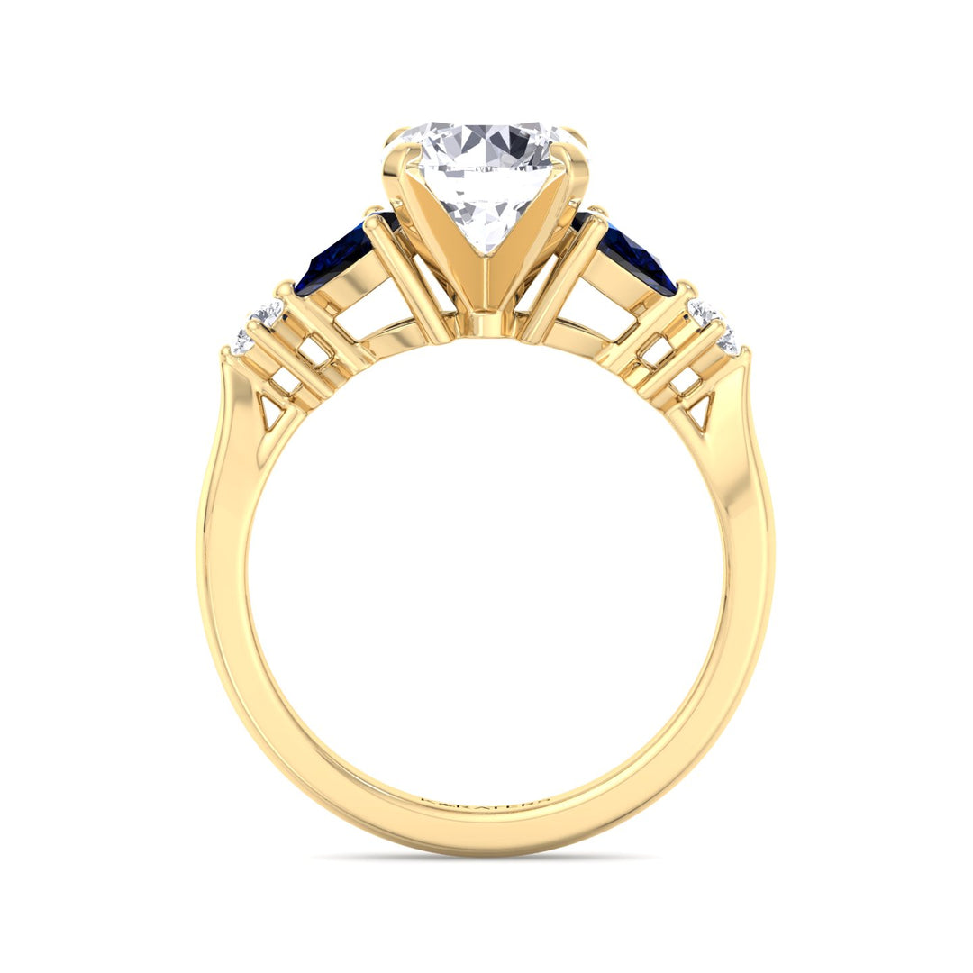 Cerulea - Round Cut Lab Diamond Engagement Ring with Sapphire Pear Shape Sidestones, Yellow Gold, Profile