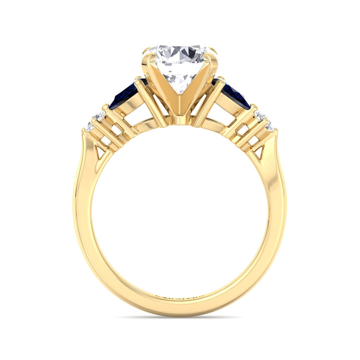 Cerulea - Round Cut Lab Diamond Engagement Ring with Sapphire Pear Shape Sidestones, Yellow Gold, Profile
