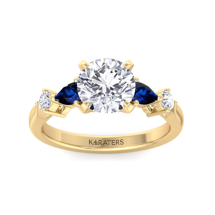 Cerulea - Round Cut Lab Diamond Engagement Ring with Sapphire Sidestones, Yellow Gold, Top