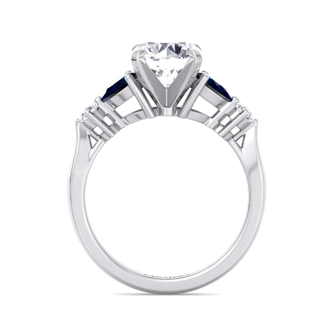 Cerulea - Round Cut Lab Diamond Ring with Blue Sapphire Sidestones, White Gold, Profile