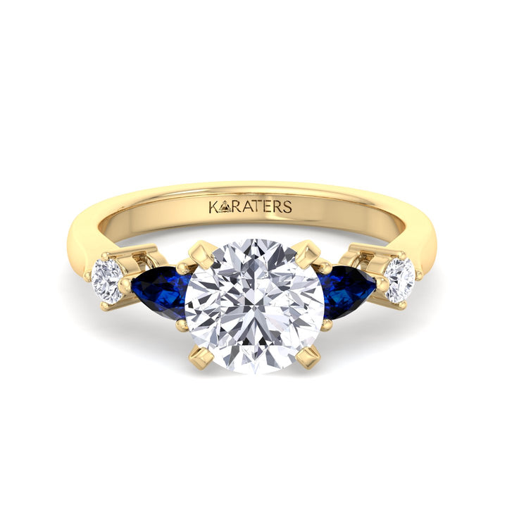 Cerulea - Round Cut Lab Diamond Ring with Sapphire Sidestones, Yellow Gold, Front