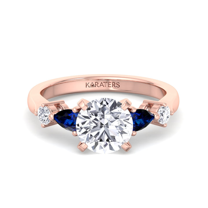 Cerulea - Round Lab Diamond Ring with Blue Sapphire Sidestones, Rose Gold, Front