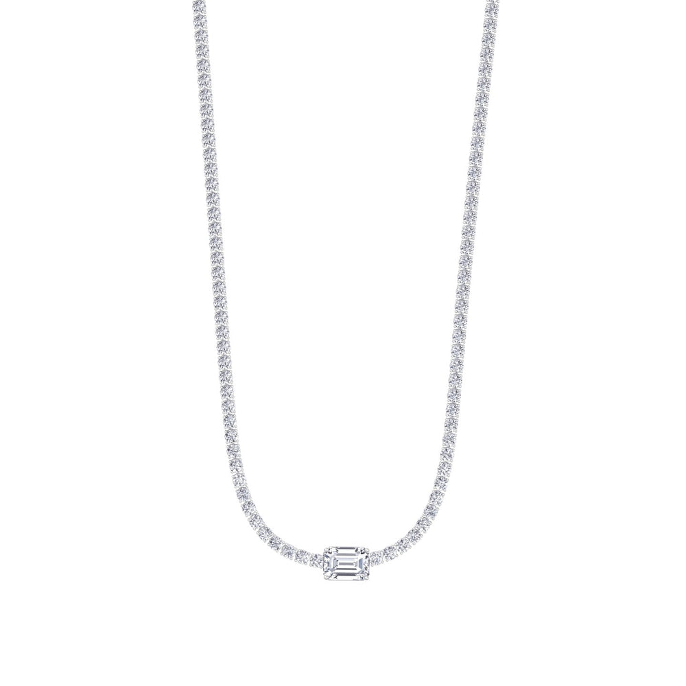 Classic Lab Diamond Tennis Necklace Emerald Center Stone 14K Solid Gold